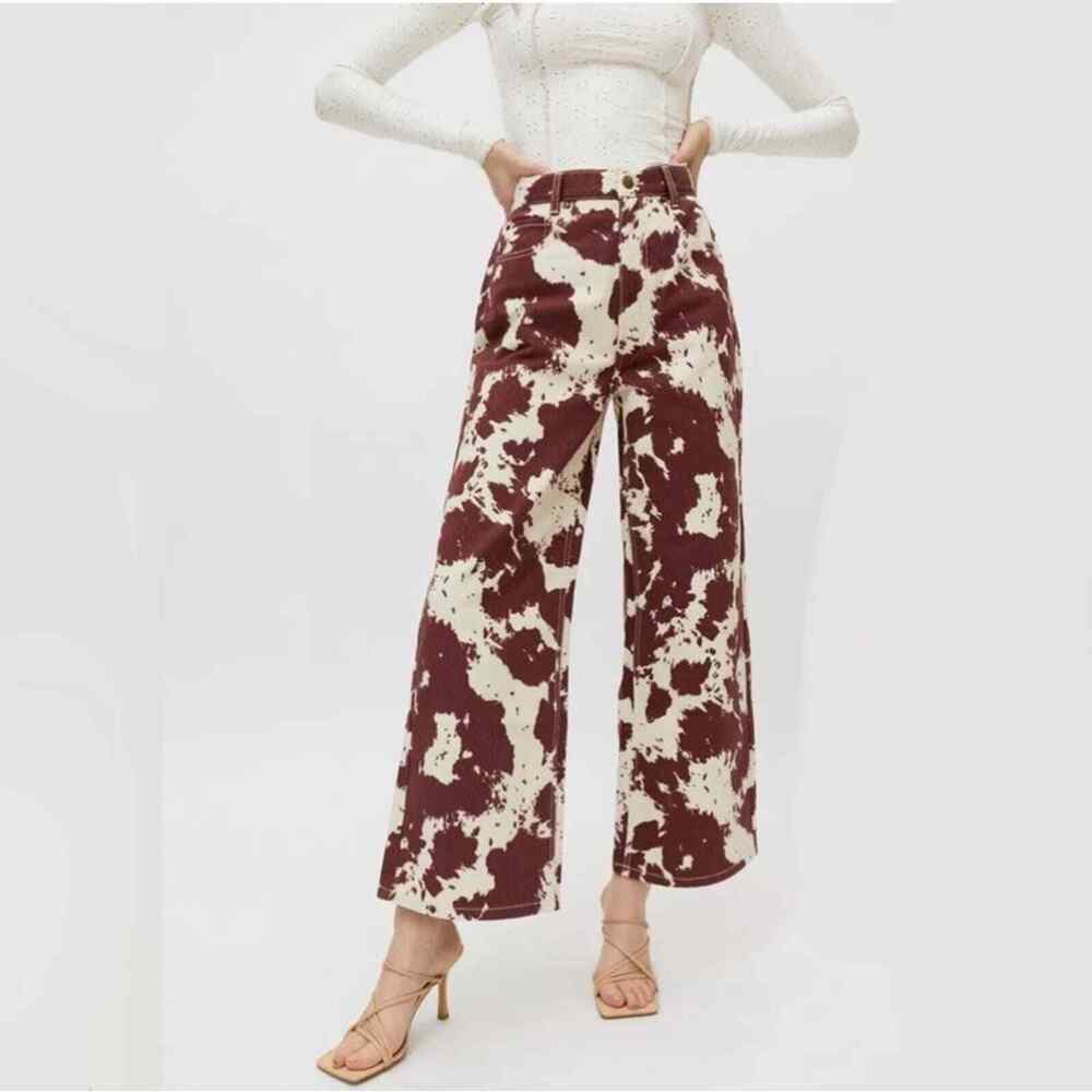 Urban Outfitters Maroon and Cream Cow Print Straight Leg Jeans